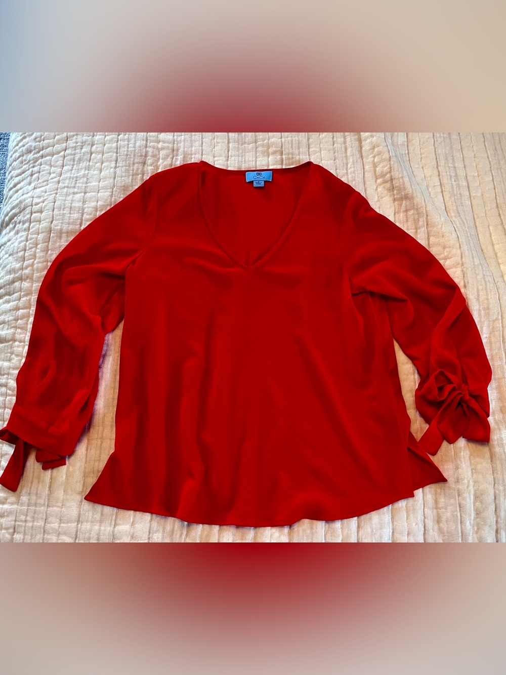 CeCe Bright Red V-Neck Long Sleeve Tie-Cuff Top